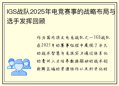 IGS战队2025年电竞赛事的战略布局与选手发挥回顾