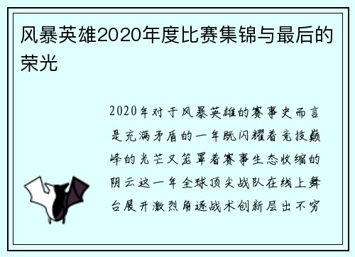 风暴英雄2020年度比赛集锦与最后的荣光